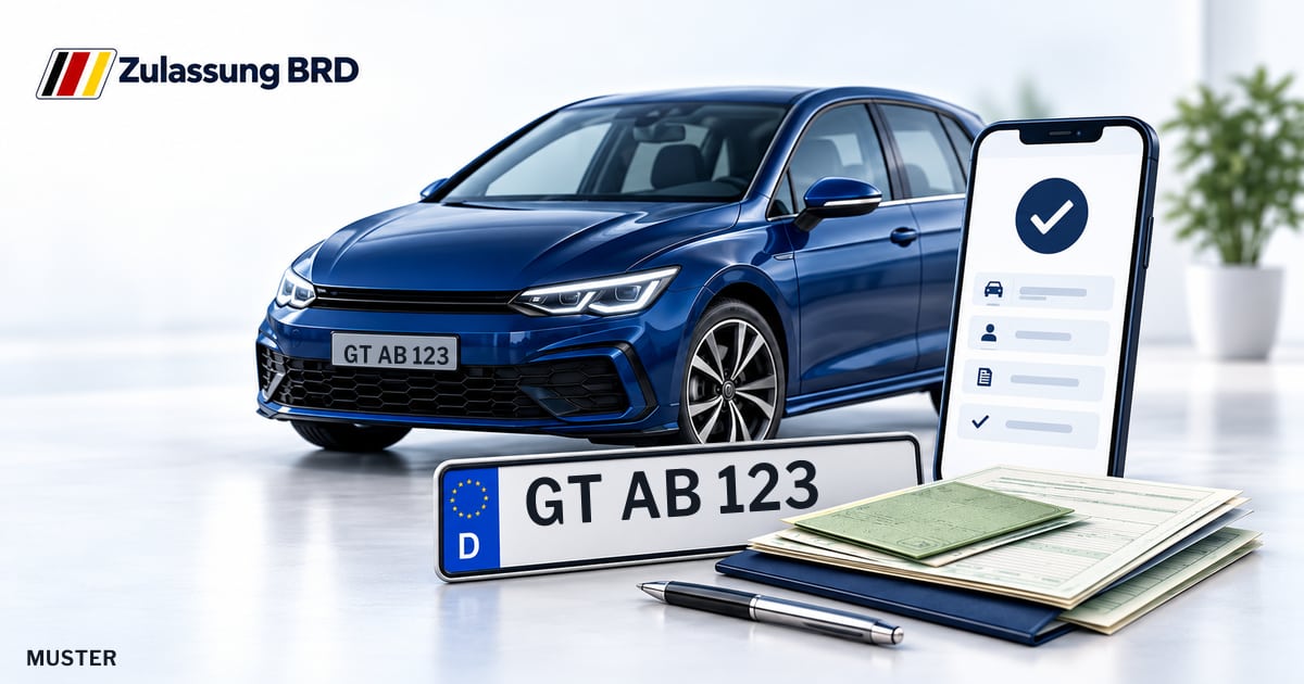 Online Fahrzeugzulassung in Verl: Musterkennzeichen GT AB 123, Auto und Fahrzeugpapiere und Smartphone. Illustration mit Logo von Zulassung BRD.